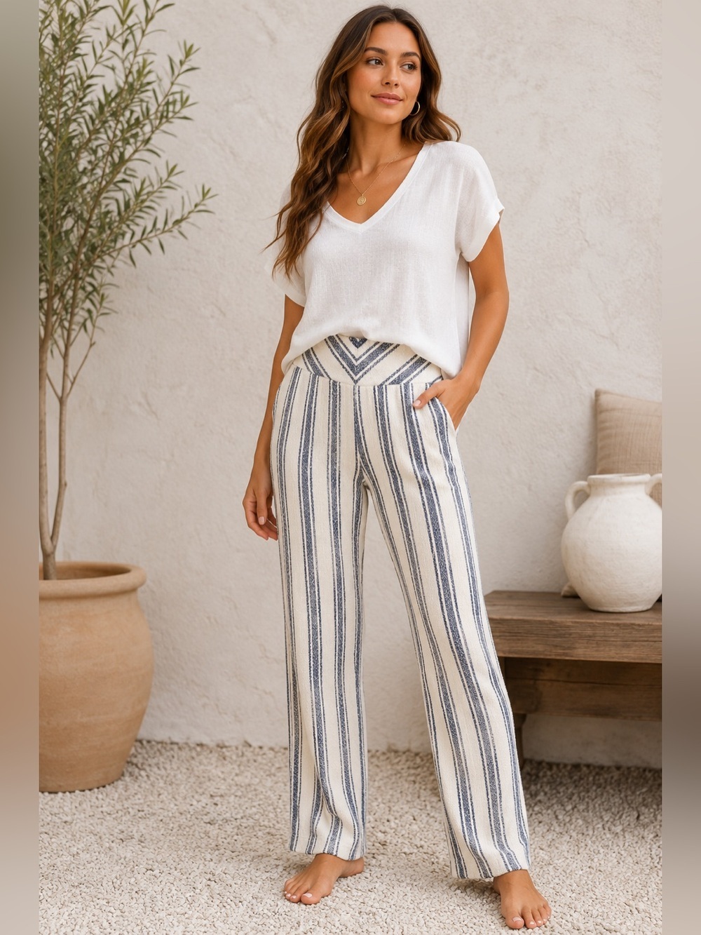 VENUS Cream and Navy Striped Knit Pants